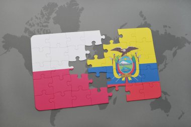 bir dünya haritası arka plan üzerinde polonya ve ekvador ulusal bayrağı ile bulmaca. 3d illüstrasyon