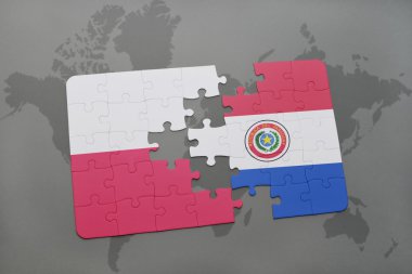 bir dünya haritası arka plan üzerinde polonya ve paraguay ulusal bayrağı ile bulmaca. 3d illüstrasyon