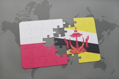 bir dünya haritası arka plan üzerinde polonya ve brunei ulusal bayrağı ile bulmaca. 3d illüstrasyon