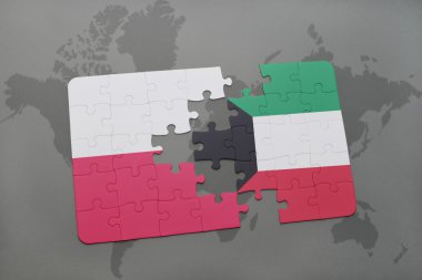 bir dünya haritası arka plan üzerinde polonya ve Kuveyt ulusal bayrağı ile bulmaca. 3d illüstrasyon