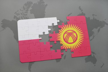 bir dünya haritası arka plan üzerinde polonya ve Kırgızistan ulusal bayrağı ile bulmaca. 3d illüstrasyon