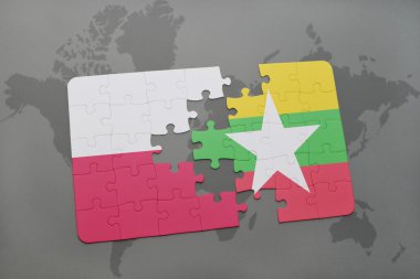 bir dünya haritası arka plan üzerinde Polonya ve Myanmar ulusal bayrağı ile bulmaca. 3d illüstrasyon