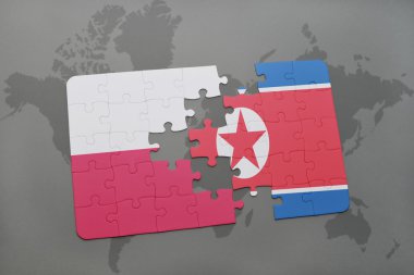 bir dünya haritası arka plan üzerinde Polonya ve Kuzey Kore ulusal bayrağı ile bulmaca. 3d illüstrasyon