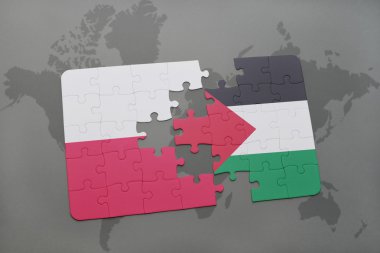 bir dünya haritası arka plan üzerinde Polonya ve Filistin ulusal bayrağı ile bulmaca. 3d illüstrasyon