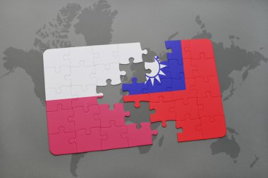 bir dünya haritası arka plan üzerinde polonya ve tayvan ulusal bayrağı ile bulmaca. 3d illüstrasyon