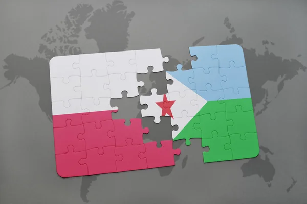 Rompecabezas con la bandera nacional de Polonia y Djibouti en un fondo mapa del mundo. Ilustración 3D — Foto de Stock