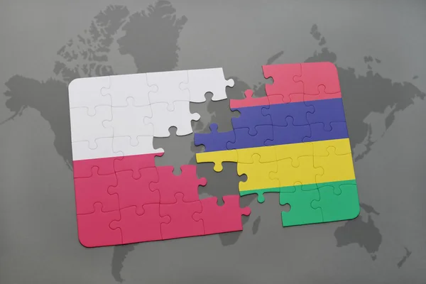Puzzle z flagą Polski i Mauritiusa na tle mapy świata. ilustracja 3D — Zdjęcie stockowe