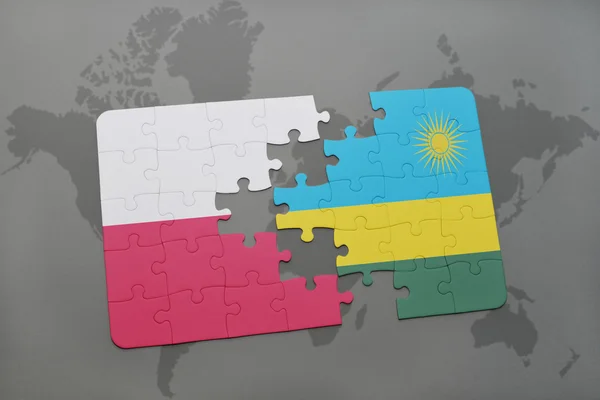Puzzle a nemzeti zászló Lengyelország és Ruanda egy világtérkép háttérben. 3D-illusztráció — Stock Fotó