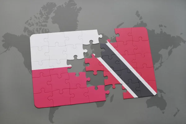 Puzzel met de nationale vlag van Polen en Trinidad en Tobago op een wereld kaart achtergrond. 3D-illustratie — Stockfoto