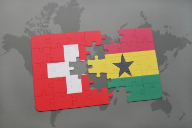 bir dünya haritası arka plan üzerinde İsviçre ve Gana ulusal bayrağı ile bulmaca.