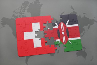 bir dünya haritası arka plan üzerinde İsviçre ve Kenya ulusal bayrağı ile bulmaca.