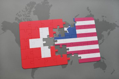 bir dünya haritası arka plan üzerinde İsviçre ve liberya ulusal bayrağı ile bulmaca.