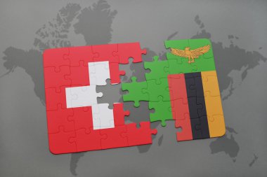 bir dünya haritası arka plan üzerinde İsviçre ve zambiya ulusal bayrağı ile bulmaca.