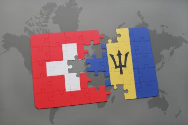 bir dünya haritası arka plan üzerinde İsviçre ve Barbados ulusal bayrağı ile bulmaca.