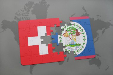 İsviçre ulusal bayrağı ile bulmaca ve bir dünya haritası arka plan üzerinde belize.