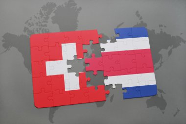 bir dünya haritası arka plan üzerinde İsviçre ve Kosta Rika ulusal bayrağı ile bulmaca.