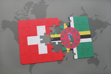 bir dünya haritası arka plan üzerinde İsviçre ve dominika ulusal bayrağı ile bulmaca.