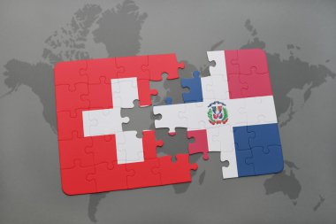 bir dünya haritası arka plan üzerinde İsviçre ve Dominik Cumhuriyeti ulusal bayrağı ile bulmaca.