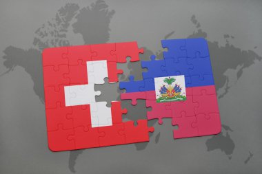 bir dünya haritası arka plan üzerinde İsviçre ve Haiti ulusal bayrağı ile bulmaca.