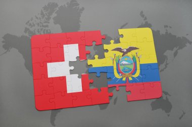 bir dünya haritası arka plan üzerinde İsviçre ve Ekvador ulusal bayrağı ile bulmaca.