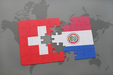 bir dünya haritası arka plan üzerinde İsviçre ve Paraguay ulusal bayrağı ile bulmaca.