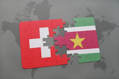 bir dünya haritası arka plan üzerinde İsviçre ve surinam ulusal bayrağı ile bulmaca.