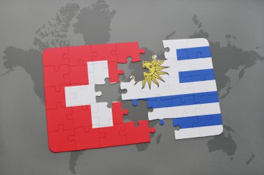 bir dünya haritası arka plan üzerinde İsviçre ve Uruguay ulusal bayrağı ile bulmaca.