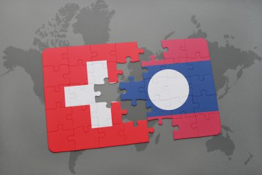 bir dünya haritası arka plan üzerinde İsviçre ve laos ulusal bayrağı ile bulmaca.