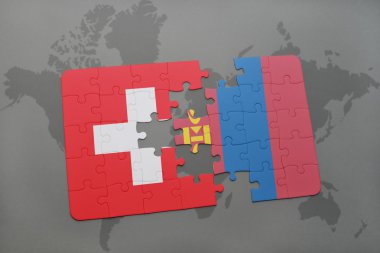 bir dünya haritası arka plan üzerinde İsviçre ve Moğolistan ulusal bayrağı ile bulmaca.