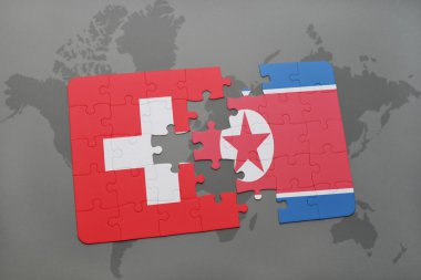 bir dünya haritası arka plan üzerinde İsviçre ve Kuzey Kore ulusal bayrağı ile bulmaca.