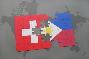 İsviçre ve Türkiye ulusal bayrak dünya harita arka plan üzerinde ile bulmaca.