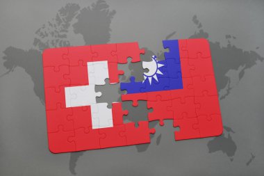 İsviçre ve Tayvan ulusal bayrak dünya harita arka plan üzerinde ile bulmaca.