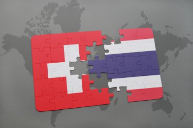 İsviçre ve Tayland ulusal bayrak dünya harita arka plan üzerinde ile bulmaca.