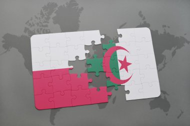 Dünya harita arka plan üzerinde Polonya ve Cezayir Ulusal bayrakla bulmaca. 3D çizim