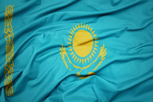 Zwaaiende Kleurrijke Nationale Vlag Van Kazachstan Macro Shot — Stockfoto