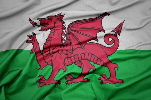 Zwaaiend Met Kleurrijke Nationale Vlag Van Wales Macro Shot — Stockfoto