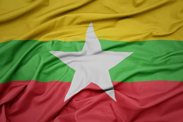 Waving Colorful National Flag Myanmar Macro Shot — Stock Photo, Image