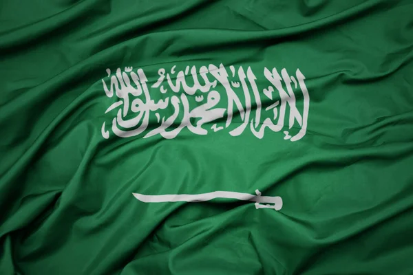 Melambaikan Bendera Nasional Penuh Warna Saudi Arabia Tembakan Makro — Stok Foto