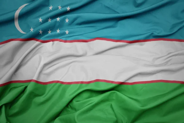 Acenando Bandeira Nacional Colorida Uzbequistão Tiro Macro — Fotografia de Stock