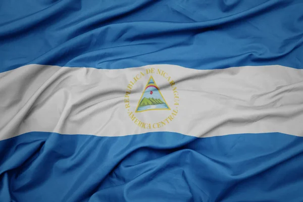 Zwaaiende Kleurrijke Nationale Vlag Van Nicaragua Macro Shot — Stockfoto