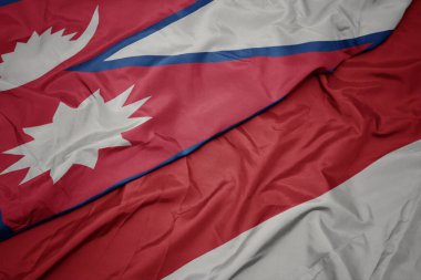 Endonezya 'nın renkli bayrağı ve Nepal' in ulusal bayrağı sallanıyor. makro
