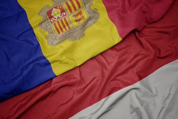 Endonezya Nın Renkli Bayrağı Andorra Nın Ulusal Bayrağı Sallanıyordu Makro — Stok fotoğraf