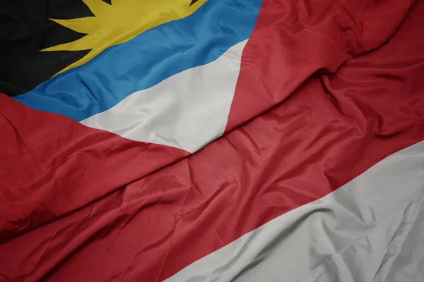 Waving Colorful Flag Indonesia National Flag Antigua Barbuda Macro — Stock Photo, Image