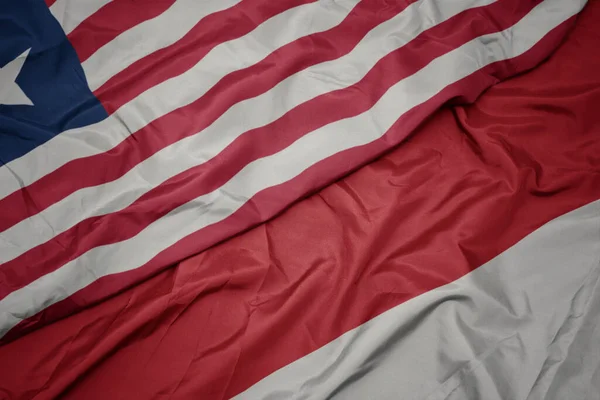 Waving Colorful Flag Indonesia National Flag Liberia Macro — Stock Photo, Image