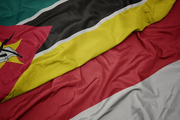 Acenando Bandeira Colorida Indonésia Bandeira Nacional Moçambique Macro — Fotografia de Stock