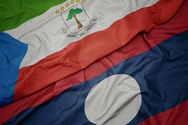 Acenando Bandeira Colorida Laos Bandeira Nacional Guiné Equatorial Macro — Fotografia de Stock