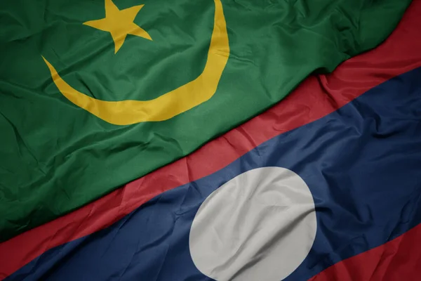 Mává Barevnou Vlajkou Laosu Mauritánské Státní Vlajky Makro — Stock fotografie