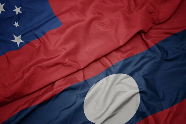 Waving Colorful Flag Laos National Flag Samoa Macro — Stock Photo, Image