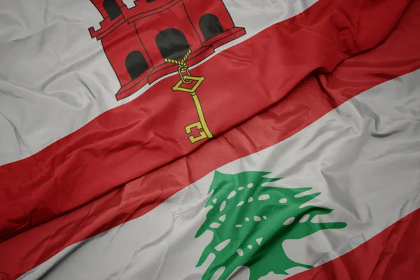 Waving Colorful Flag Lebanon National Flag Gibraltar Macro — Stock Photo, Image