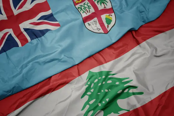 Színes Lebanoni Zászlót Lobogtatva Fidzsi Nemzeti Zászlaját Lobogtatva Makroszintű — Stock Fotó